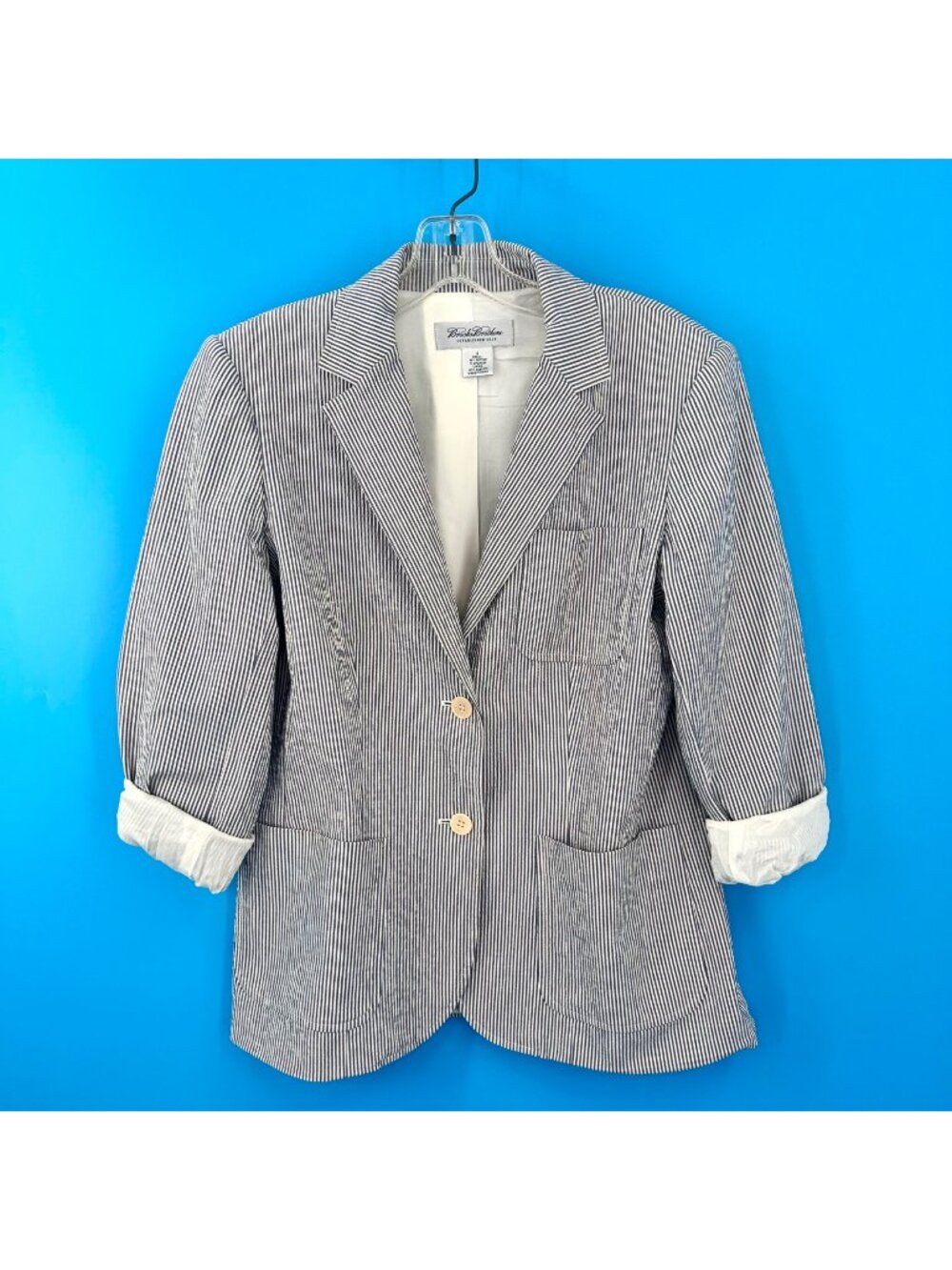 BROOKS BROTHERS WOMEN'S BLUE & WHITE STRIPED SEERSUCKER BLAZER JACKET - 6